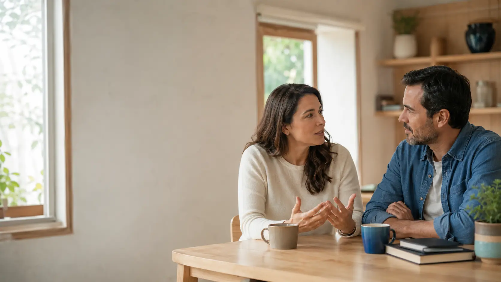 Dos personas adultas conversan en un ambiente cálido y cotidiano