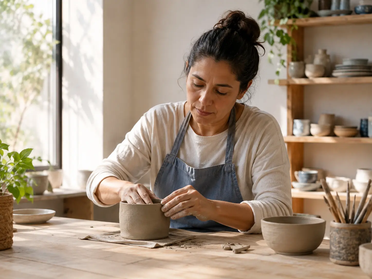 Mujer trabajando con serenidad en un proyecto personal de cerámica